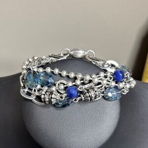 Chico’s Beaded Silver Blue Multi Chain Bracelet Boho Magnetic Closure